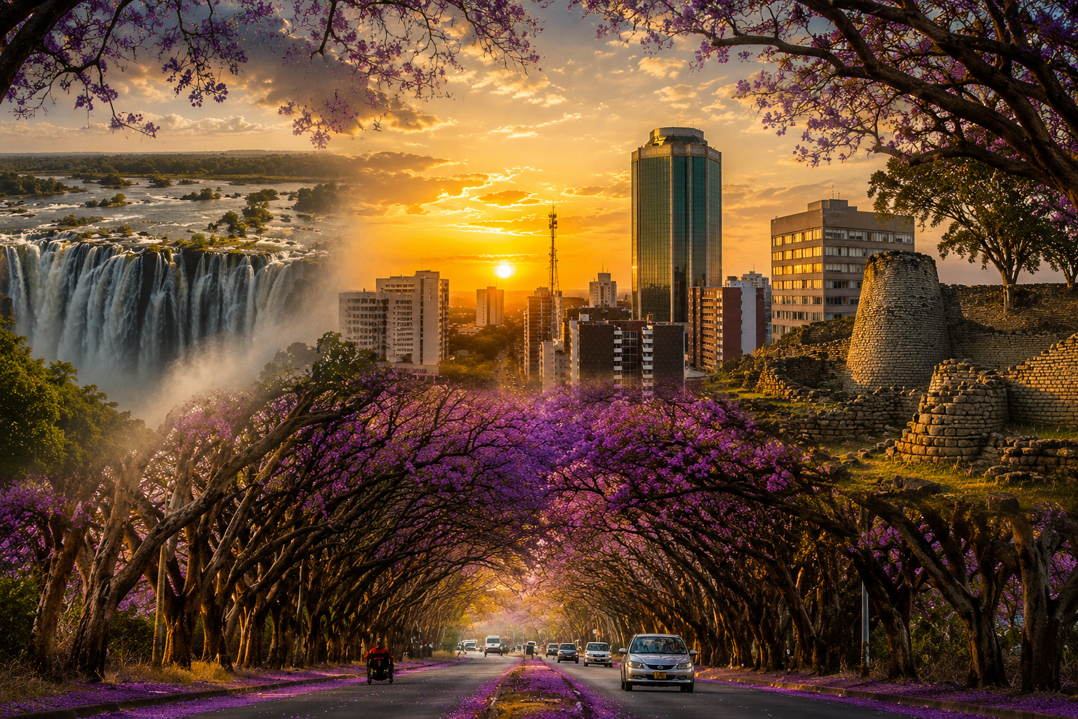 Panoramic view of Zimbabwe featuring Great Zimbabwe ruins, Harare CBD and Victoria Falls